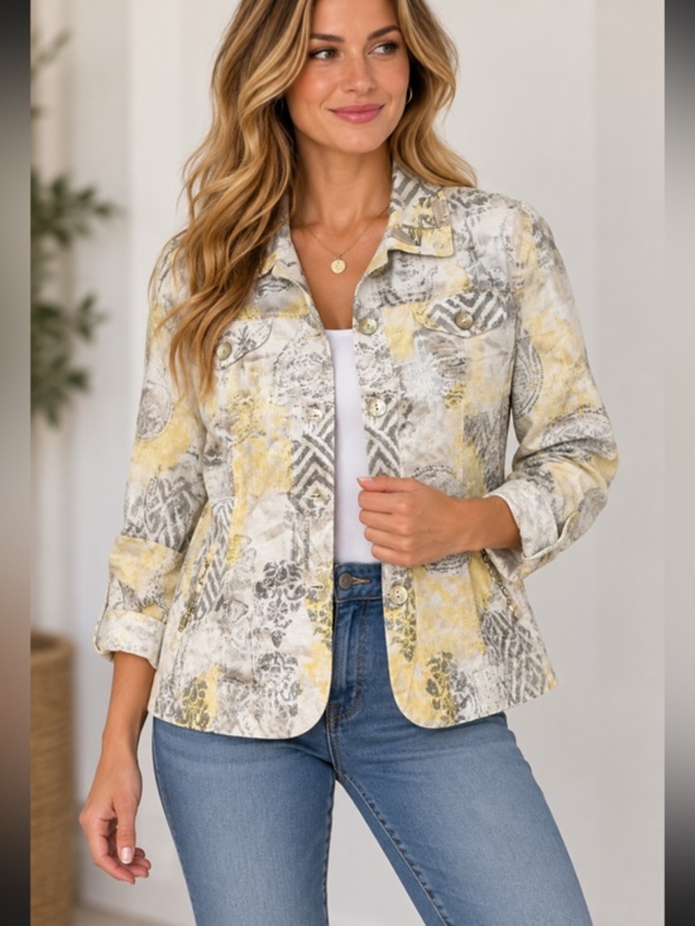 Ruby Rd Petite Abstract Print Linen Blend Jacket Blazer Size 12P
